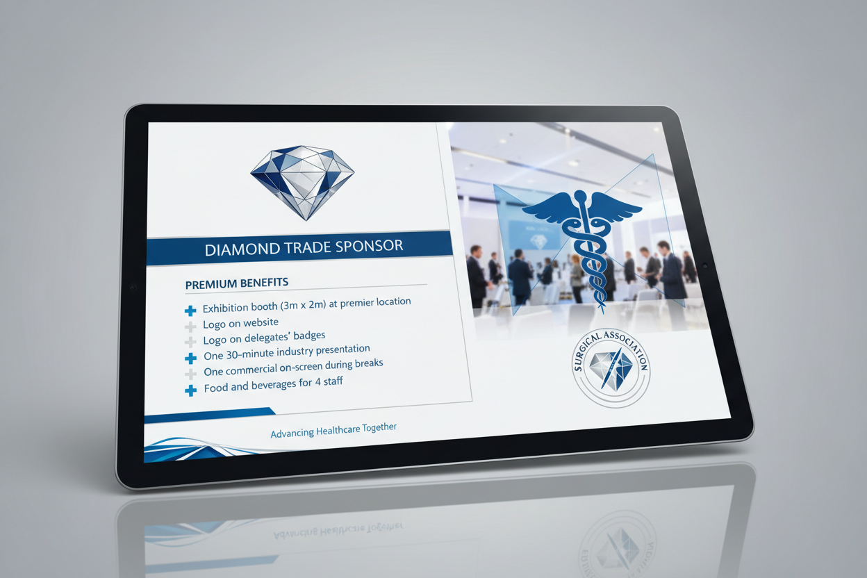 Diamond trade sponsor for exhibition
includes: 
•&nbsp; Exhibition booth (3m x 2m) at premier location

•&nbsp; Logo on website

•&nbsp; Logo on delegates’ badges

•&nbsp; One 30-minute industry presentation

•&nbsp; One commercial on-screen during breaks&nbsp;

•&nbsp; Food and beverages for 4 staff